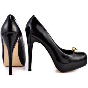 Dolce Vita Bunny Black Patent Leather Platform Heels Embellished Gold Bows 8.5